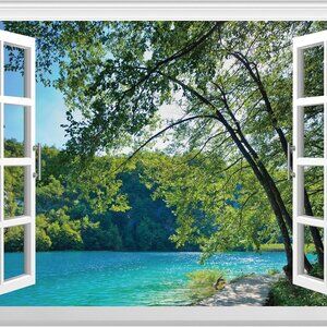 Fake Window Wall Mural - Lakes in The Jungle Faux Window Wall Sticker for Wall D